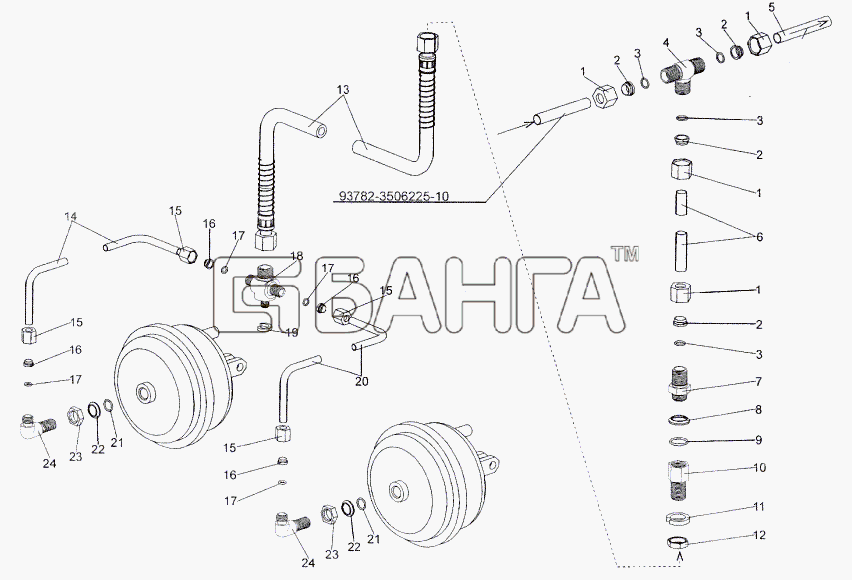 МЗКТ МЗКТ-93782 Схема Присоединительная арматура к передним правым