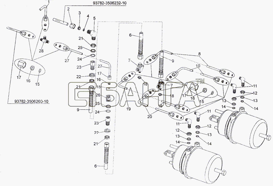 МЗКТ МЗКТ-93782 Схема Присоединительная арматура к задним правым