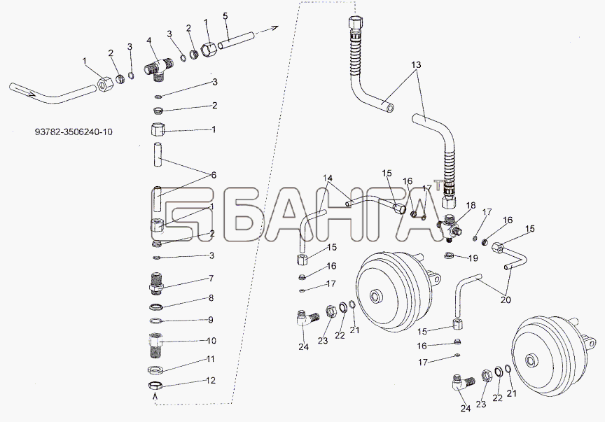 МЗКТ МЗКТ-93782 Схема Присоединительная арматура к передним левым