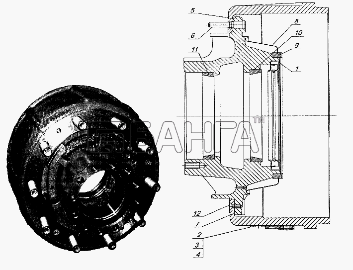 НефАЗ НефАЗ-8332 Схема Ступица с тормозным барабаном для дискового