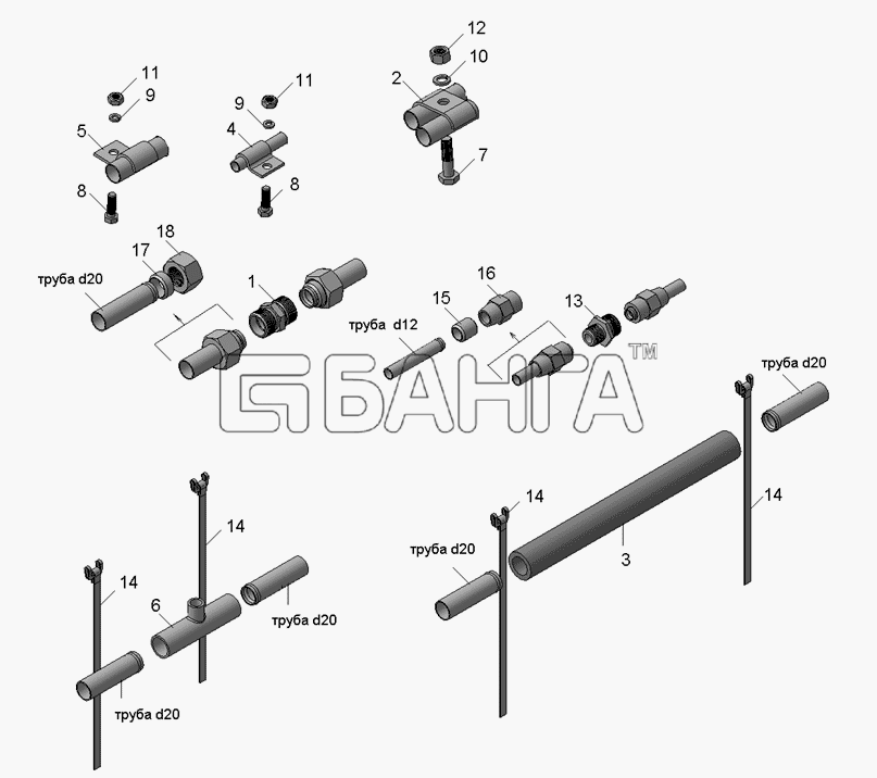 НефАЗ НефАЗ-96891-10 Схема Соединение и крепление труб для banga.ua