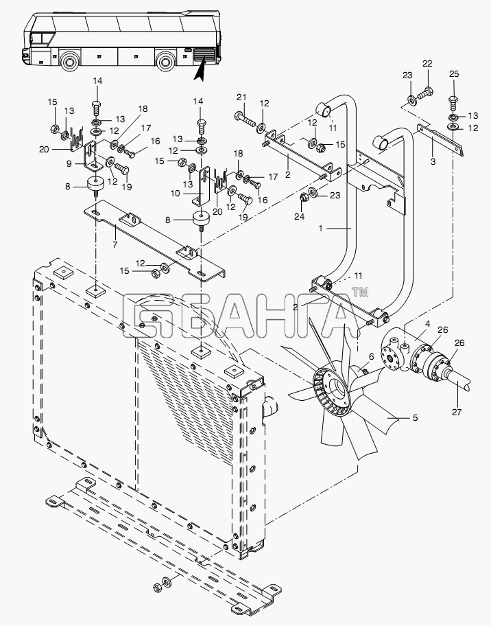 Neoplan N 116 (MAN) E3 Схема MOUNTING OF RADIATOR BRACKET CLUTCH-58