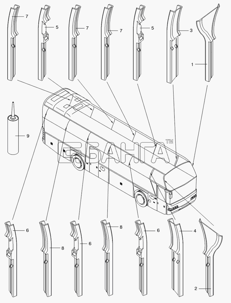 Neoplan N 116 (MAN) E3 (вар.) Схема WINDOW FRAME COVER-313 banga.ua