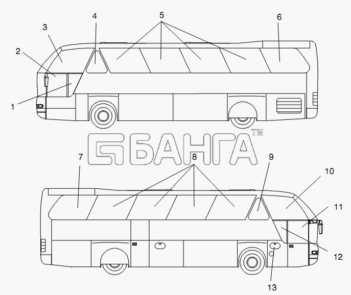 Neoplan N 516 SHD (MAN) E3 Схема SIDE WINDOWS-271 banga.ua