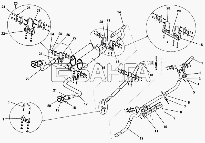 ПАЗ ПАЗ-32053 Схема Глушитель и подвеска труб глушителя-64 banga.ua
