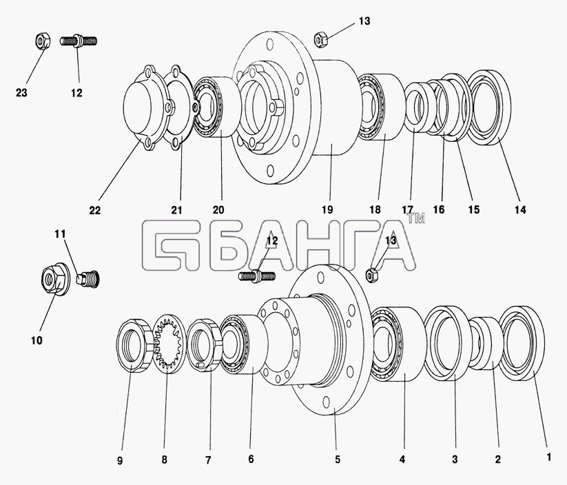 ПАЗ ПАЗ-32053 Схема Ступицы передних и задних колес (пр-во АО banga.ua