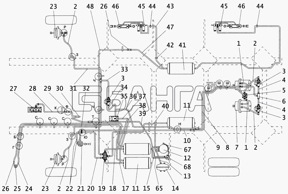 ПАЗ ПАЗ-4234 Схема Схема пневматической системы тормозов с banga.ua