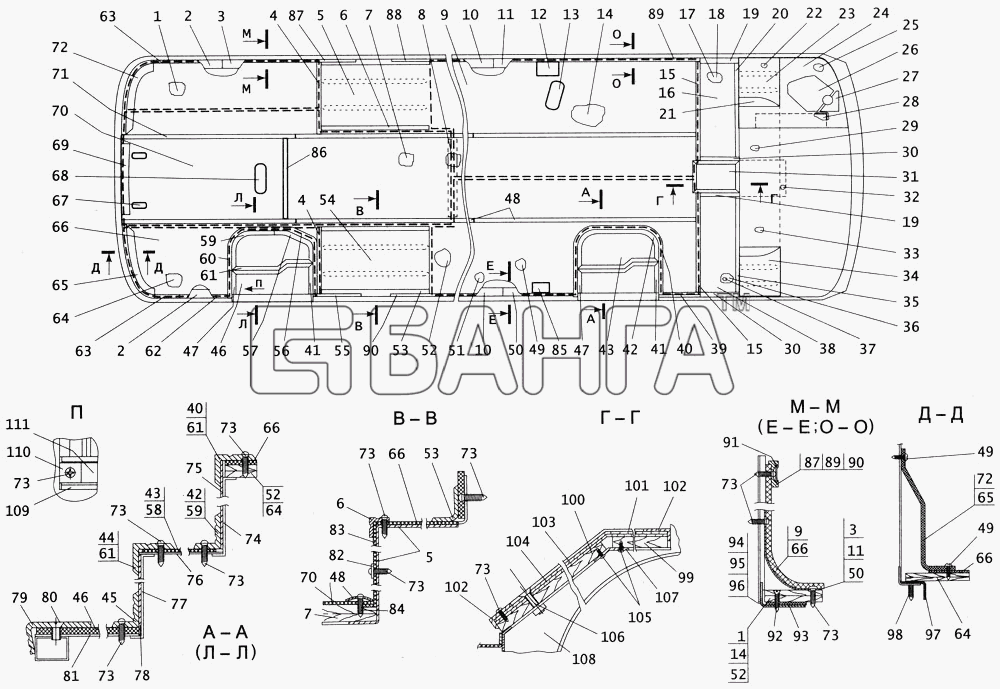 ПАЗ ПАЗ-4234 Схема Кожухи арок колес настил и коврики пола banga.ua