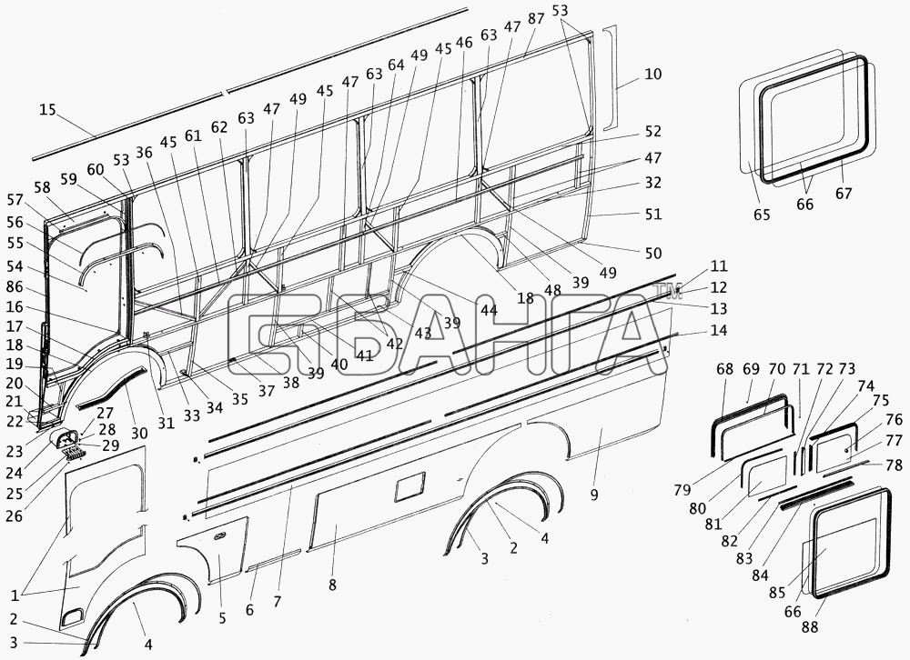 ПАЗ ПАЗ-4234 Схема Боковина кузова автобуса ПАЗ3205307 левая с
