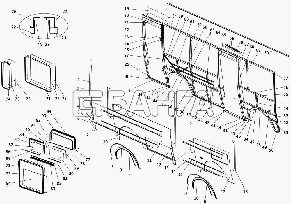 ПАЗ ПАЗ-4234 Схема Боковина кузова автобуса ПАЗ3205307 правая с