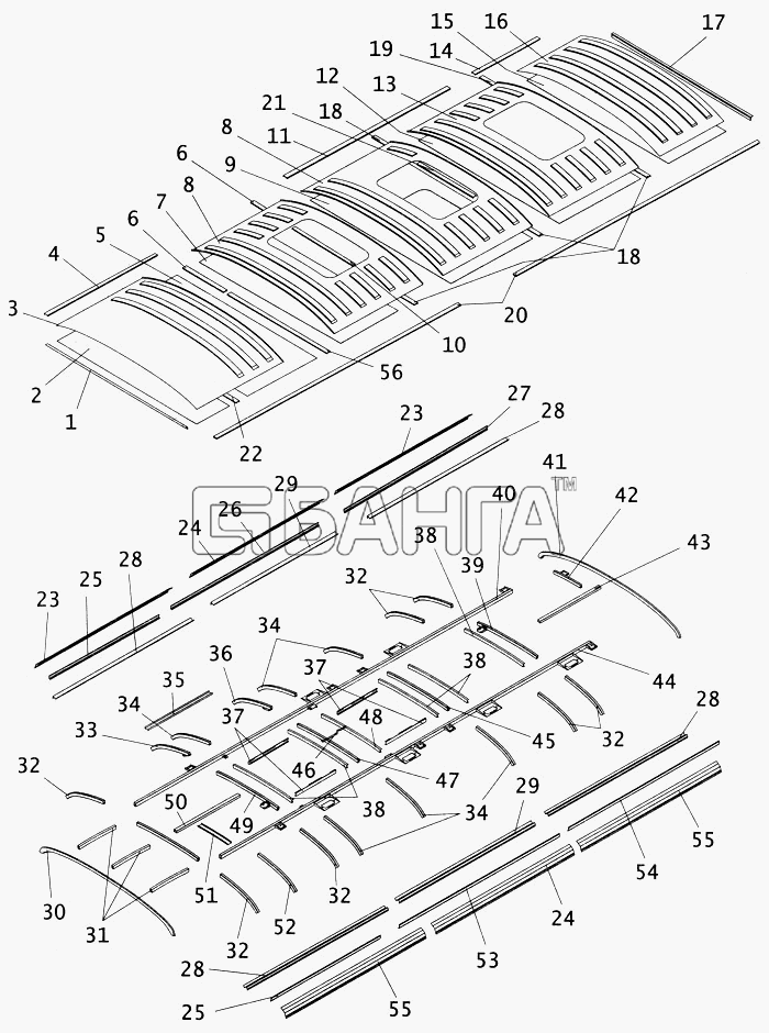 ПАЗ ПАЗ-4234 Схема Крыша кузова с каркасом панелями и banga.ua