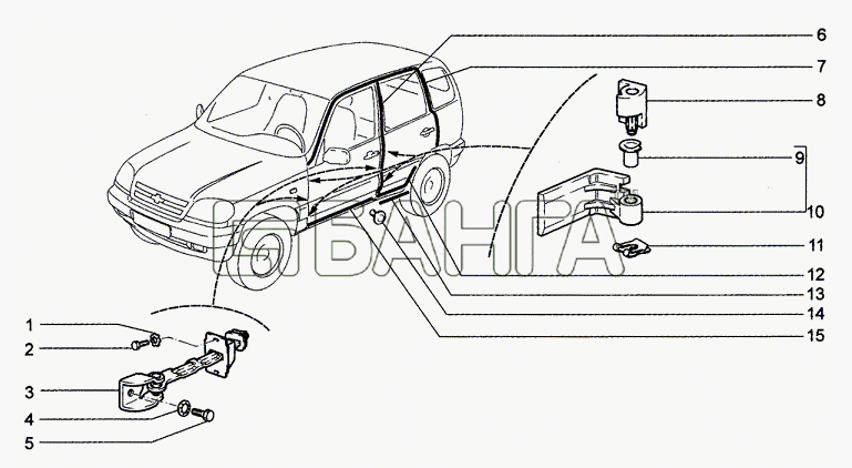 Chevrolet Chevrolet Niva 1.7 Схема Навеска боковых дверей и