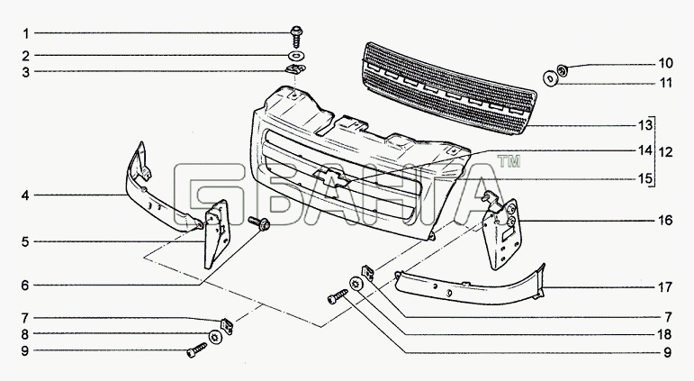 Chevrolet Chevrolet Niva 1.7 Схема Облицовка радиатора (11 12 13 30 31