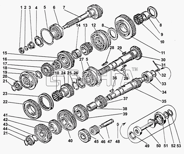 ТМЗ КПП ЯМЗ-238ВМ ЯМЗ-238ВК Схема Валы и шестерни коробок передач-8