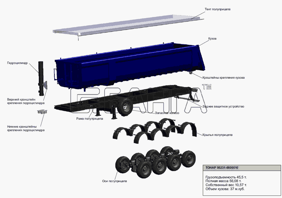 Тонар Тонар-95231 Схема Общий вид полуприцепа модели 95231-0000010