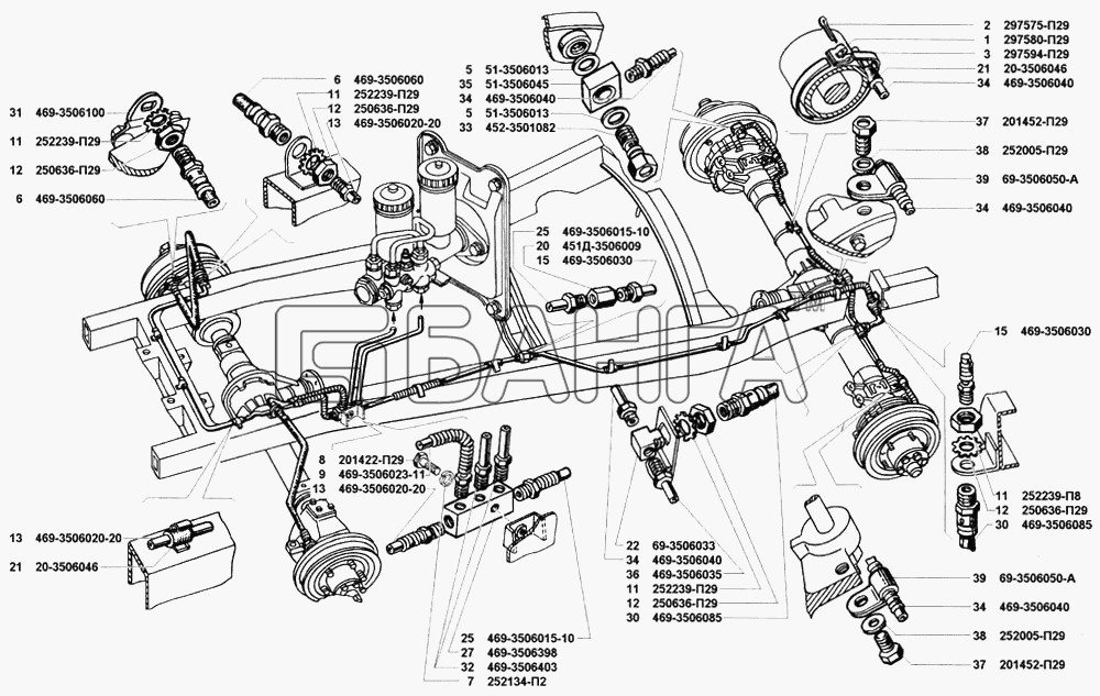 УАЗ УАЗ 31519 Схема Трубопроводы гидравлических тормозов-172 banga.ua