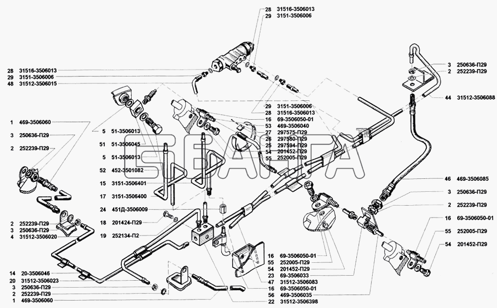 УАЗ УАЗ 31512 Схема Трубопроводы гидравлических тормозов-174 banga.ua