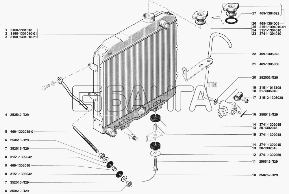 УАЗ УАЗ 31519 Схема Радиатор подвеска радиатора пробка радиатора