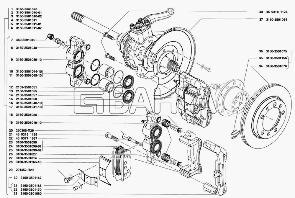 УАЗ УАЗ 31519 Схема Тормоза рабочие передние-153 banga.ua