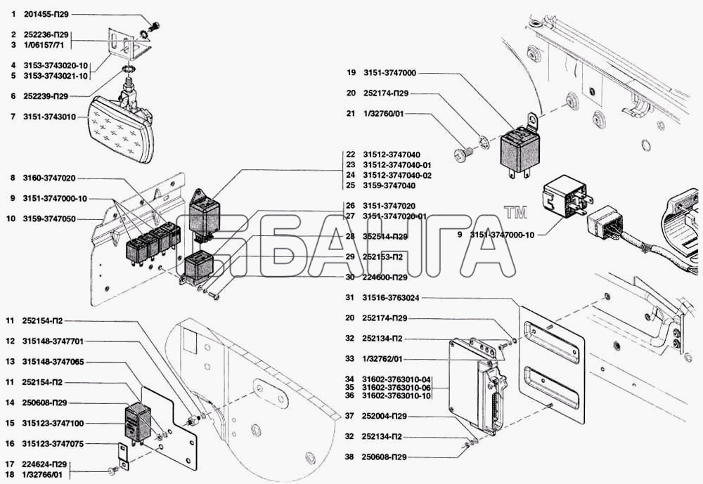 УАЗ УАЗ 31519 Схема Фары противотуманные реле разного назначения