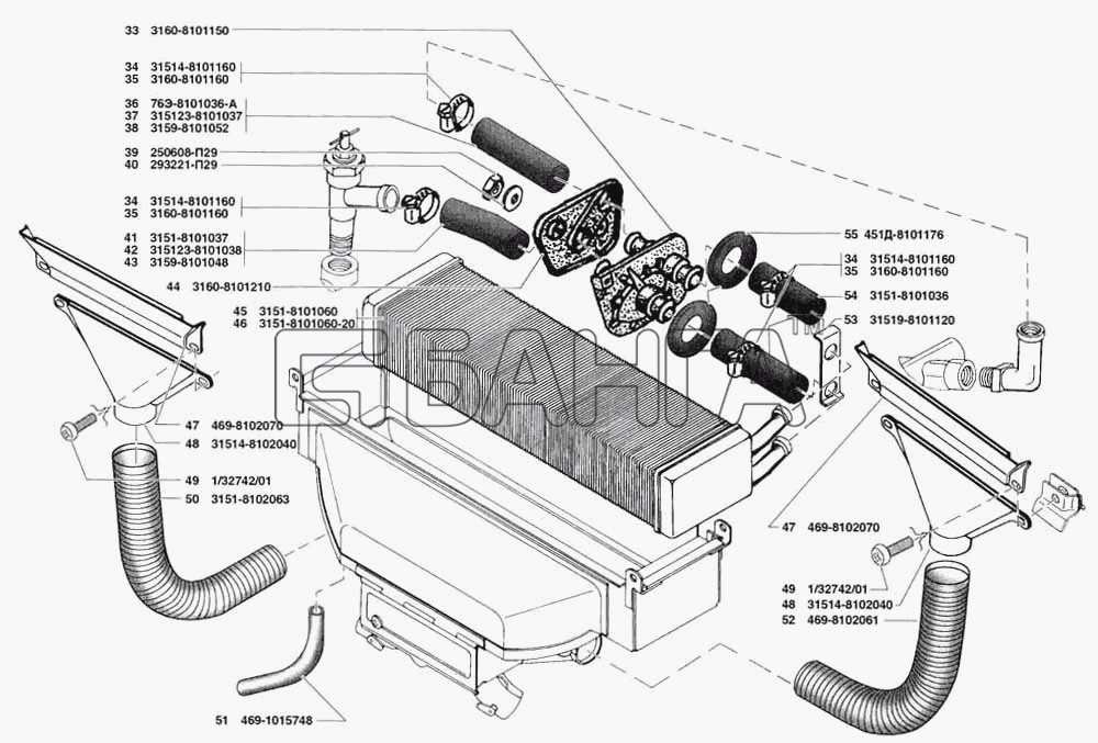 УАЗ УАЗ 31519 Схема Отопление кузова и трубопроводы обогреватель