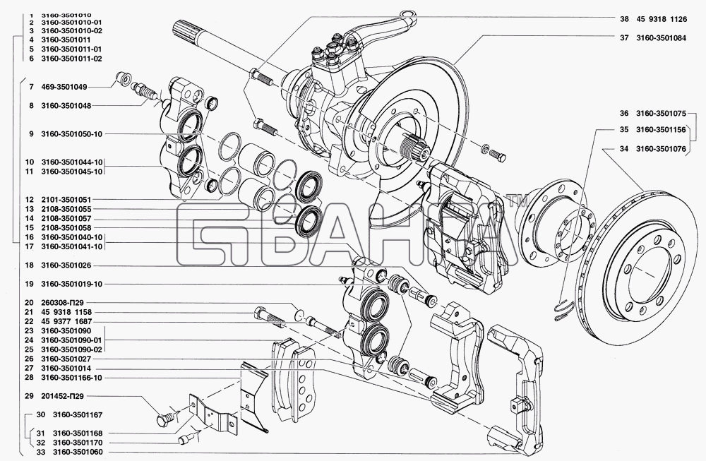 УАЗ УАЗ Patriot Схема Тормоза рабочие передние и тормозные banga.ua