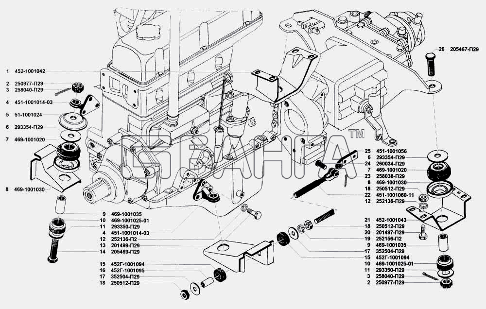 УАЗ УАЗ 3741 (каталог 2002 г.) Схема Подвеска двигателя-66 banga.ua