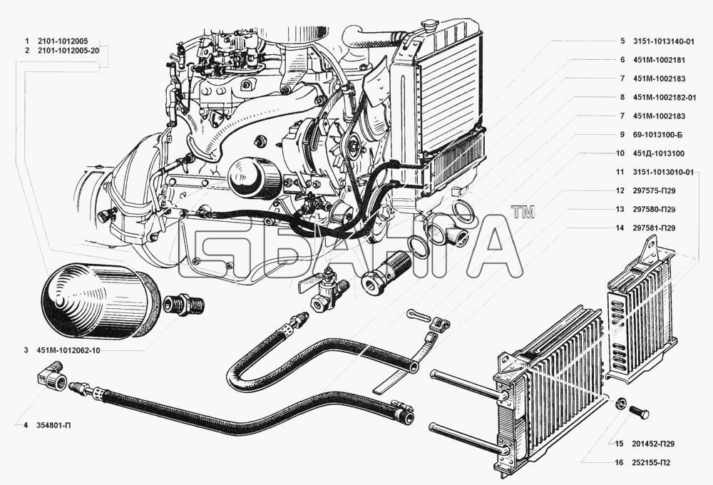 УАЗ УАЗ 3741 (каталог 2002 г.) Схема Фильтр очистки масла и радиатор