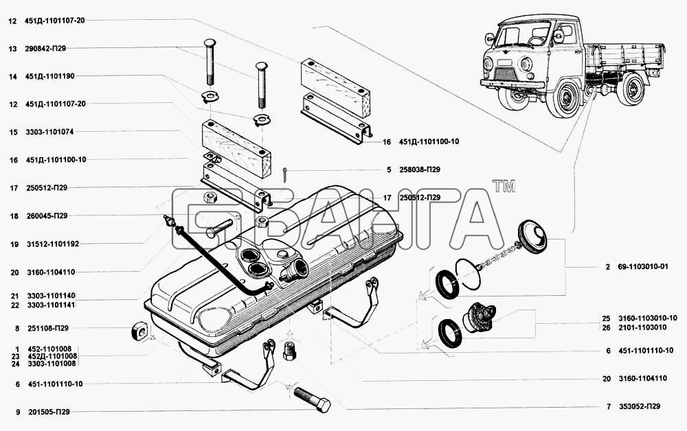 УАЗ УАЗ 3741 (каталог 2002 г.) Схема Бак топливный пробка топливного
