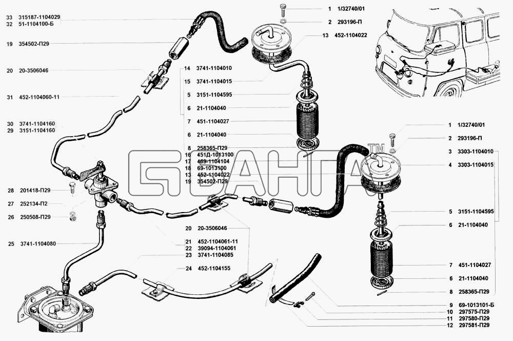 УАЗ УАЗ 3741 (каталог 2002 г.) Схема Трубопроводы топливные-83