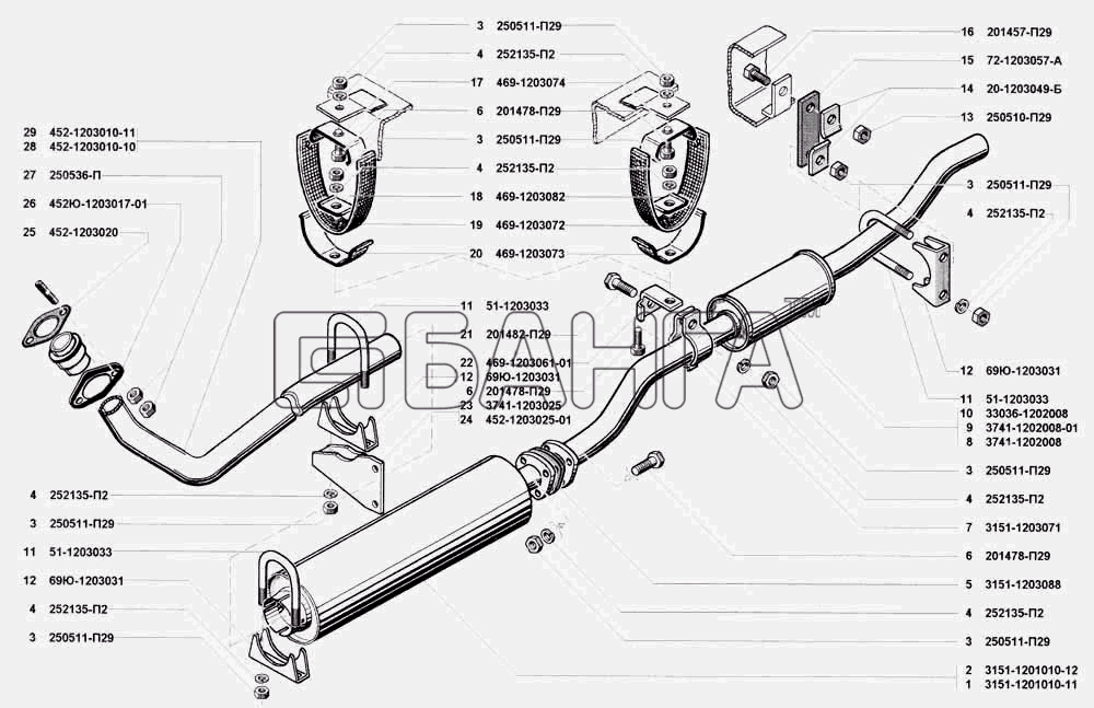 УАЗ УАЗ 3741 (каталог 2002 г.) Схема Глушитель выхлопа резонатор и