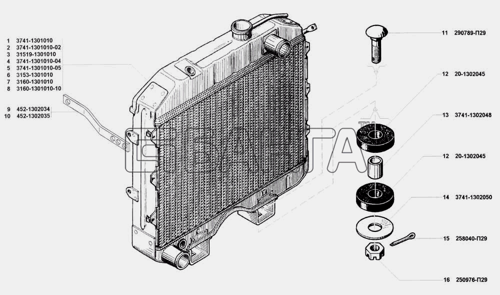 УАЗ УАЗ 3741 (каталог 2002 г.) Схема Радиатор и подвеска радиатора-97