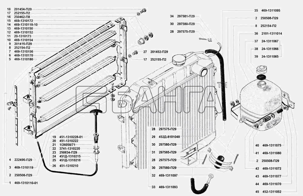 УАЗ УАЗ 3741 (каталог 2002 г.) Схема Жалюзи и привод бачок