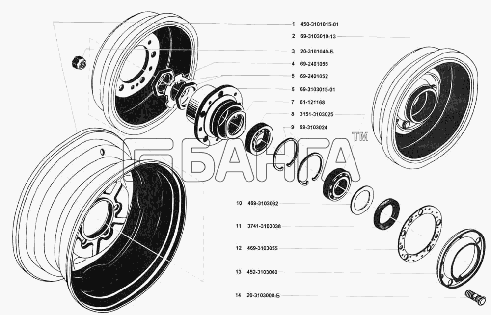 УАЗ УАЗ 3741 (каталог 2002 г.) Схема Колеса ступицы передних и задних