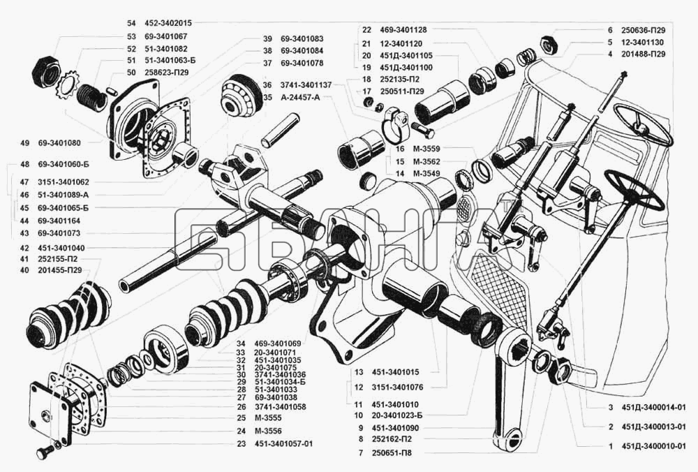 УАЗ УАЗ 3741 (каталог 2002 г.) Схема Управление рулевое в сборе и