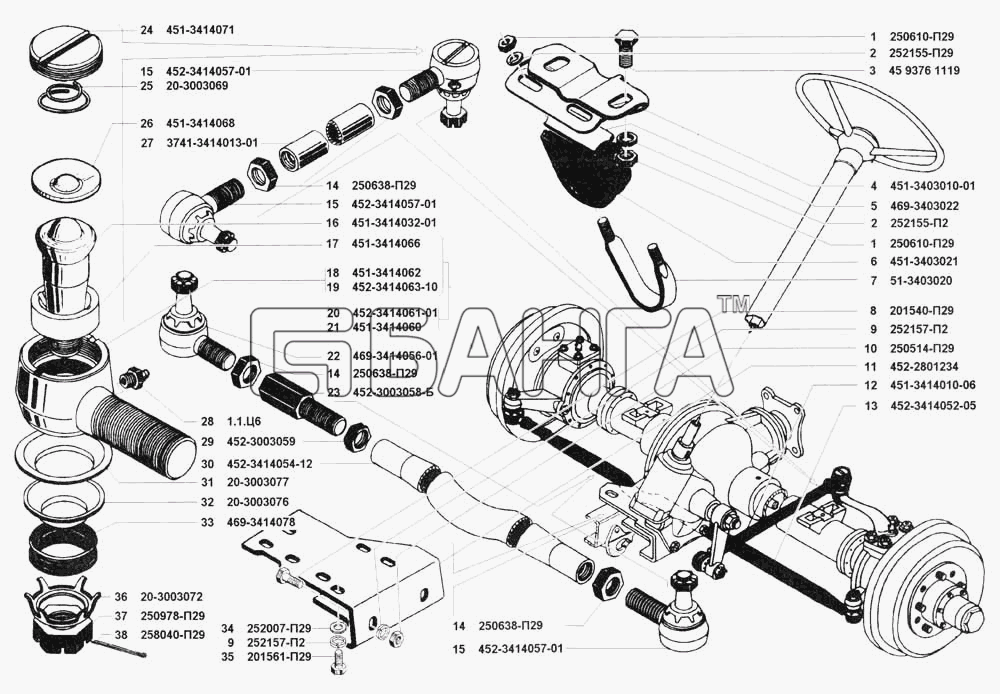УАЗ УАЗ 3741 (каталог 2002 г.) Схема Крепление рулевого управления и