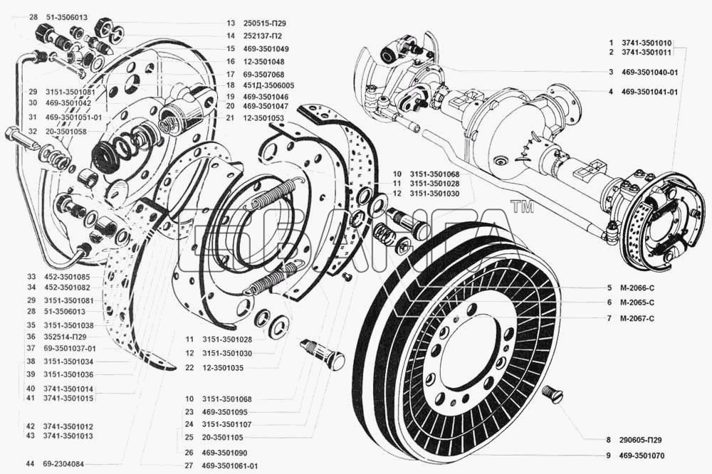 УАЗ УАЗ 3741 (каталог 2002 г.) Схема Тормоза рабочие передние и