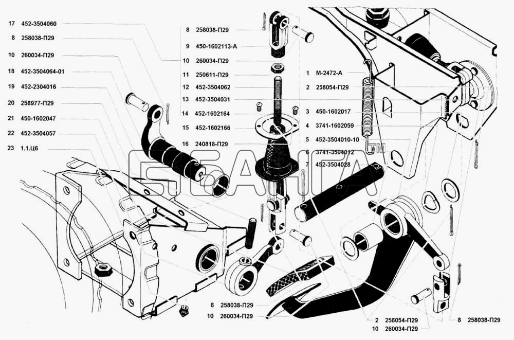 УАЗ УАЗ 3741 (каталог 2002 г.) Схема Педаль и привод механизма