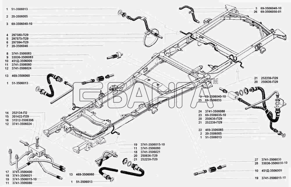 УАЗ УАЗ 3741 (каталог 2002 г.) Схема Трубопроводы гидравлических