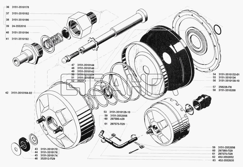 УАЗ УАЗ 3741 (каталог 2002 г.) Схема Усилитель вакуумный тормоза