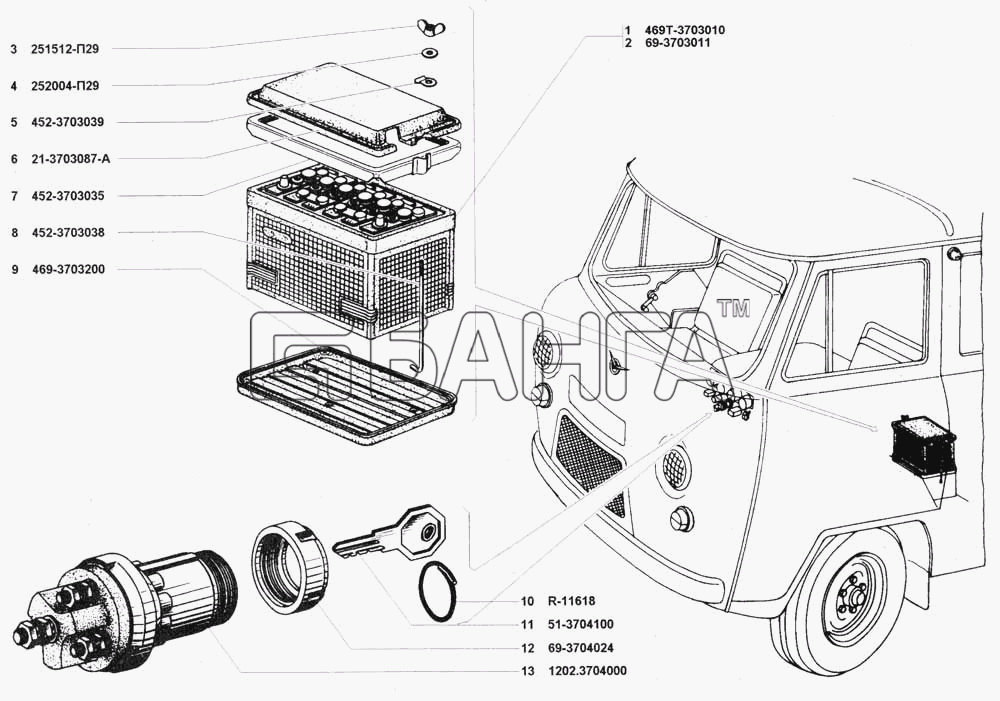 УАЗ УАЗ 3741 (каталог 2002 г.) Схема Батарея аккумуляторная и