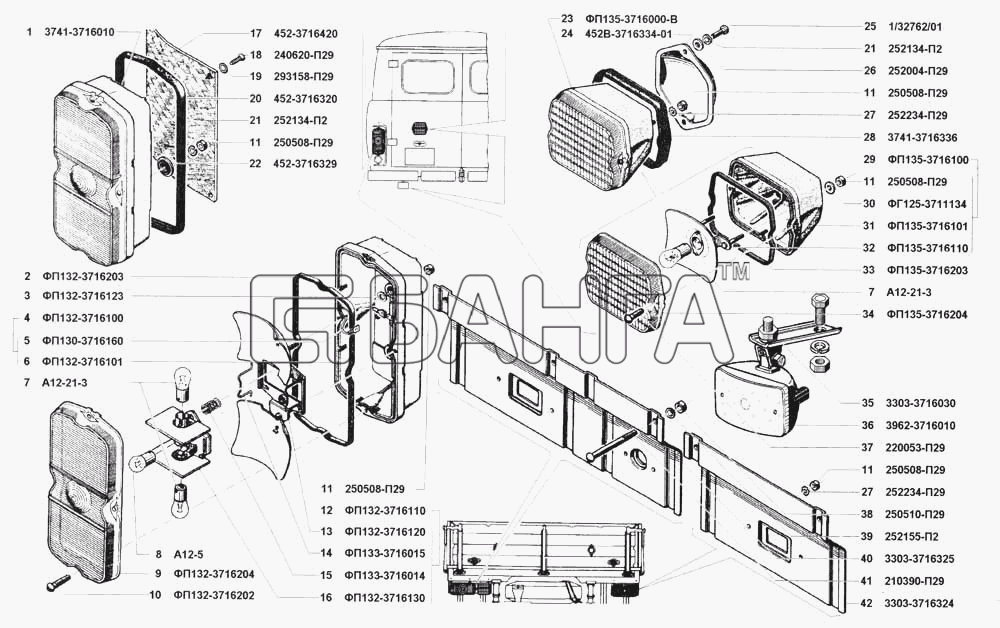 УАЗ УАЗ 3741 (каталог 2002 г.) Схема Фонари задние-188 banga.ua