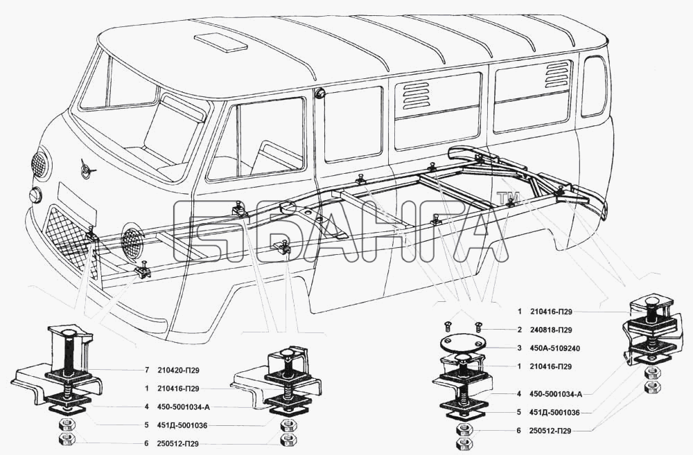 УАЗ УАЗ 3741 (каталог 2002 г.) Схема Подвеска кузова и кабины-4