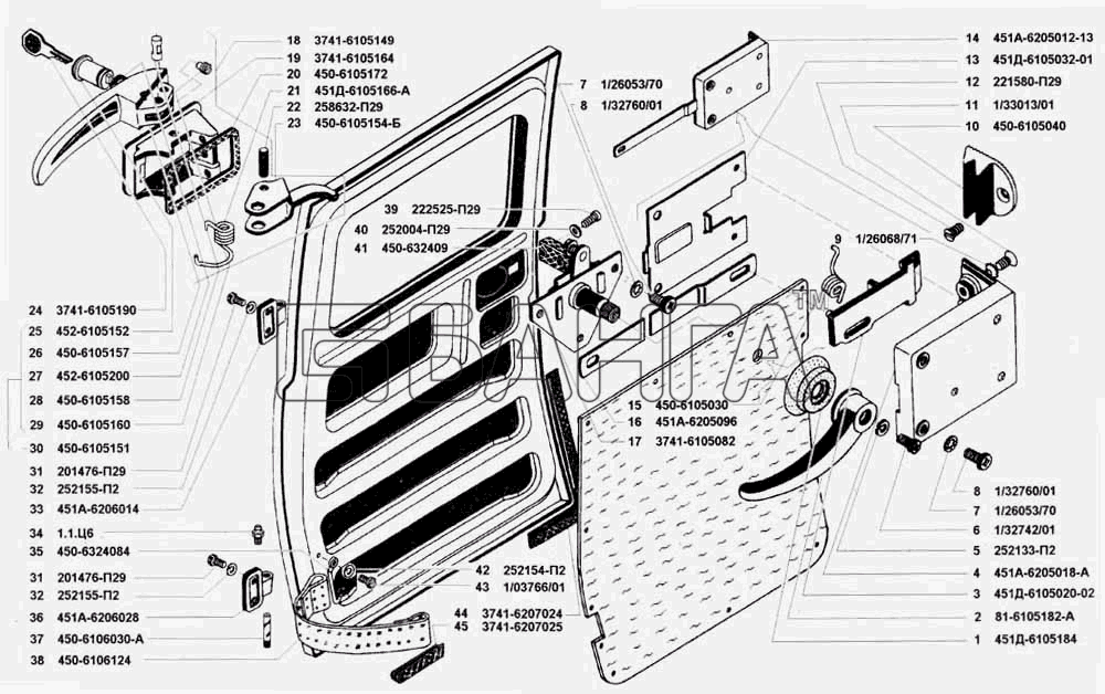 УАЗ УАЗ 3741 (каталог 2002 г.) Схема Замок ручки навеска и уплотнитель