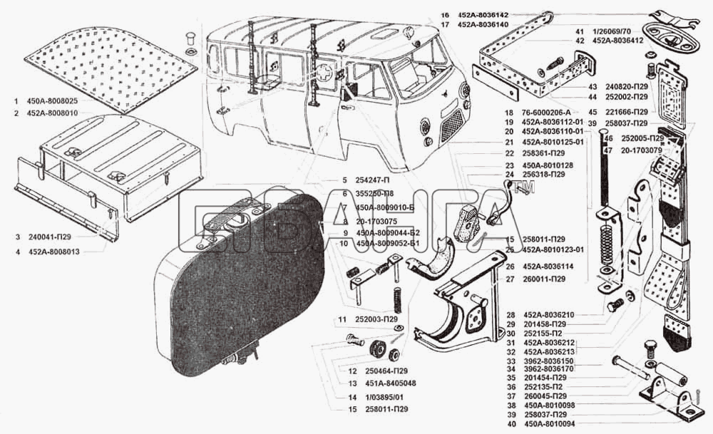 УАЗ УАЗ 3741 (каталог 2002 г.) Схема Ящик для предметов ухода бачок