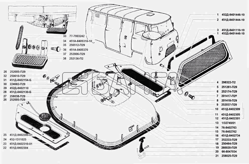 УАЗ УАЗ 3741 (каталог 2002 г.) Схема Облицовка радиатора капот и
