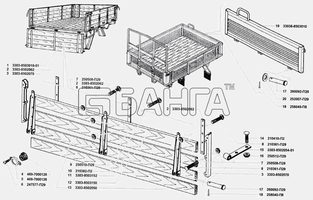 УАЗ УАЗ 3741 (каталог 2002 г.) Схема Борт платформы задний-58 banga.ua