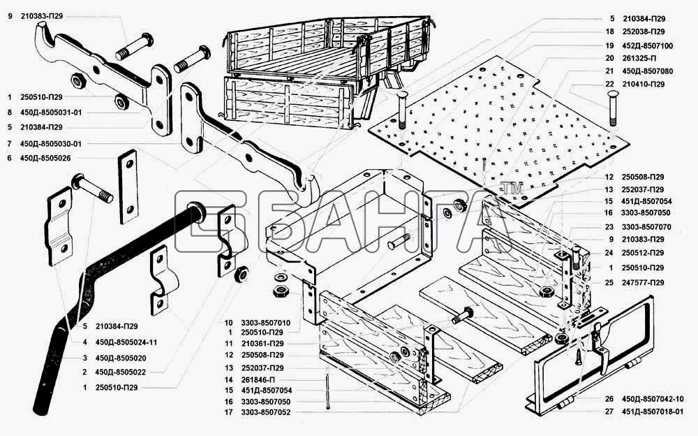 УАЗ УАЗ 3741 (каталог 2002 г.) Схема Запоры бортов платформы и ящик