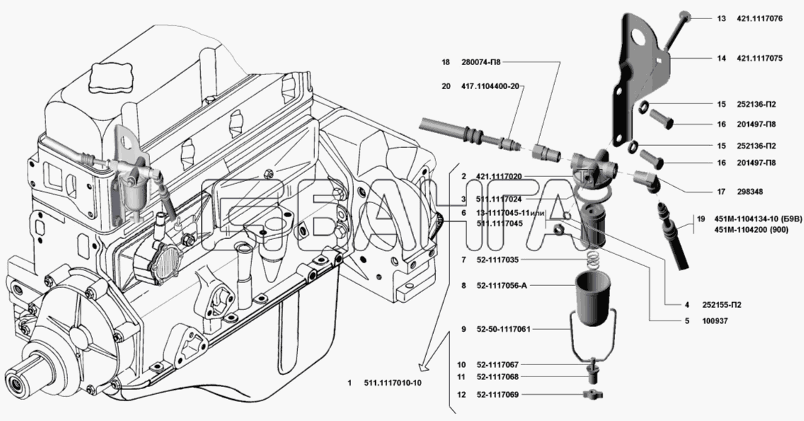 УМЗ УМЗ-421 Схема Трубопроводы топливные Фильтр тонкой очистки