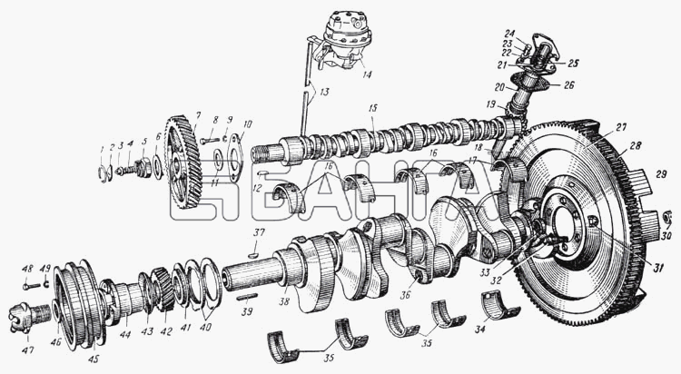 УралАЗ УРАЛ-375 Схема Коленчатый и распределительный валы приводы